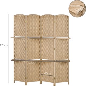 HOMCOM 4-częściowy parawan, 160 x 170 cm, składana przegroda z 2 półkami | Aosom PL