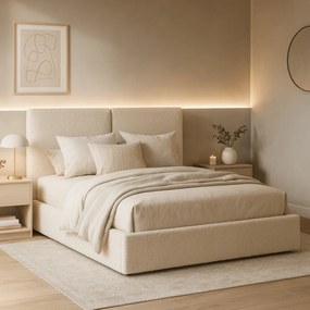 Łóżko Tapicerowane 140x200 cm MARSYLIA ze Stelażem i Pojemnikiem Dwuosobowe Boucle Kremowe