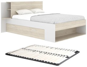 Łóżko 140 x 190 cm ze schowkami - Naturalny i biały + Stelaż - KEROSIA