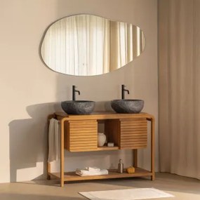 Zestaw Mebli Łazienkowych Z Drewna Tekowego Bradley Nieregularna Dioda Led I Funkcja Przeciwmgielna 140 X 75 Cm Riben & ↔︎ 120 Cm & 2 Sz - Sklum