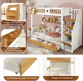 Łóżko piętrowe dla dzieci - 2 x 90 x 200 - 2 szuflady + 4 schowki w schodach - sosna i MDF - białe