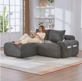 Sofa modułowa 2-osobowa - 200 x 174 x 80 cm - z 1 pufem + uchwytem na kubek + kieszenią do przechowywania - aksamit - ciemnoszary