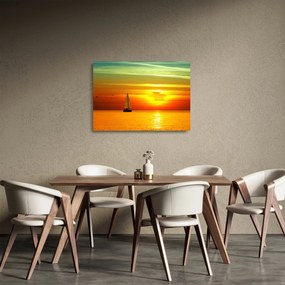 Obraz na szkle - zachód słońca z jachtem (70x50 cm)