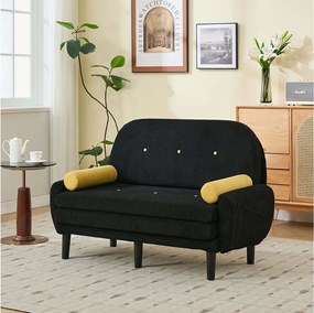 Sofa 2-osobowa czarna - Prosta sofa z bocznymi kieszeniami i 2 okrągłymi poduszkami - sztruks