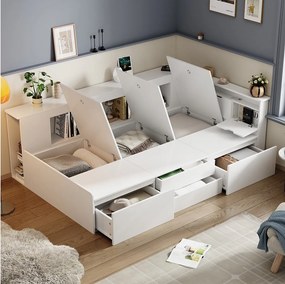 Łóżko dziecięce 90 x 200 cm z 4 szufladami, regałem i schowkiem - drewno MDF - kolor biały