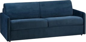 Kanapa 4-osobowa rozkładana typu express z granatowego weluru z siedziskiem z pianki z pamięcią kształtu - Powierzchnia spania z szerokimi listwami 160 cm - Materac 18 cm CALIFE