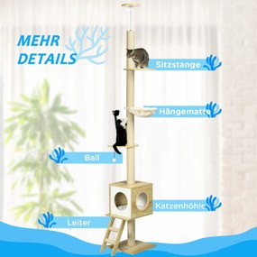 PawHut Drzewko do Drapania od Podłogi do Sufitu Jasnobrązowe | Aosom PL