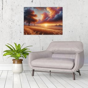 Obraz na szkle – Zachód słońca na polu (70x50 cm)