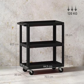 HOMCOM Wózek warsztatowy z 3 półkami i bocznym uchwytem, 4 kółka, 70,5 x 35 x 82,5 cm, czarny | Aosom PL