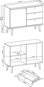 Komoda Bliwon 1-drzwiowa + 3-szuflady 107 cm skandynawska dąb riviera/biały nowoczesna szafka drewniane nogi
