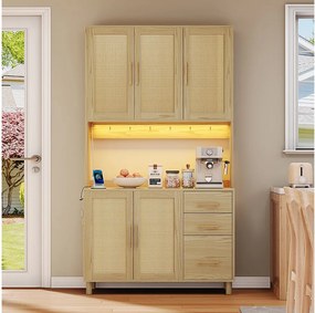 Kredens kuchenny 183 cm z oświetleniem LED, portami USB, regulowanymi półkami i 3 szufladami – naturalny