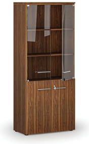 Szafa biurowa kombinowana PRIMO WOOD z drzwiami drewnianymi i szklanymi, 800 x 420 x 1781 mm, orzech