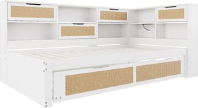 Łóżko-sofa z litego drewna 90x200cm - Z łóżkiem wysuwanym - Z wieloma schowkami - Z portem ładowania - Białe (bez materaca)