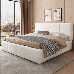 Łóżko dla dorosłych 180 x 200 cm – z zagłówkiem, stelażem – beżowe – materac nie jest wliczony w cenę