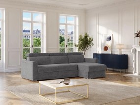 Kanapa narożna dwustronna rozkładana typu express  z szarej tkaniny szenilowej - Szeroka rama stelaża 140 cm - Materac 22 cm z pamięcią kształtu VIZIR