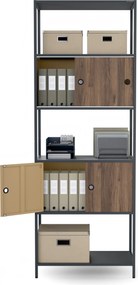 Regał na segregatory z szafką zamykaną, biurowy, otwarte półki, metalowy antracytowy/orzech, 800x2200x400 mm: ARIEL Eco Design