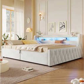 Łóżko wysuwane 90 x 200 cm z hydraulicznym schowkiem i oświetleniem LED RGB - Flanela i MDF - Beżowe (materac nie jest wliczony w cenę)