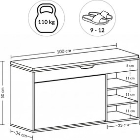 Szafka na buty z siedziskiem i wysuwanymi półkami GRADIA, 100 x 34 x 50 cm