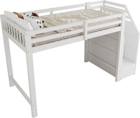 Łóżko piętrowe drewniane 90x200 cm - z barierkami i schodkami do przechowywania - białe