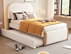 Łóżko tapicerowane z pluszu 90x200cm - z wysuwanym łóżkiem 90x190cm - z stelażem z listew MDF - Białe