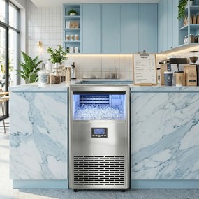 HOMCOM Komercyjna Maszyna do Lodu 45 kg/24H, Stal Nierdzewna, 15 kg Pojemności, Funkcja Samoczyszczenia, Srebrna | Aosom PL