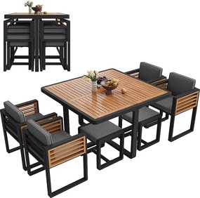 Zestaw jadalniany do ogrodu na 4-6 osób, 1 stół jadalniany z litego drewna, 4 fotele, 2 taborety, szary