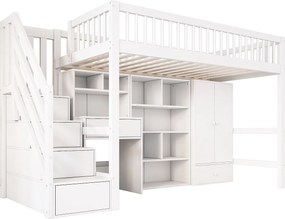 Łóżko piętrowe dla dzieci - 90 x 200 cm - z biurkiem + półkami + szafą + drabinką - drewniane - białe