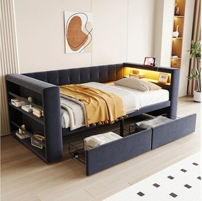 Sofa tapicerowana z funkcją spania - 90 x 190 cm - z oświetleniem LED + gniazdko + 2 szuflady + półka - Flanela - ciemnoszara