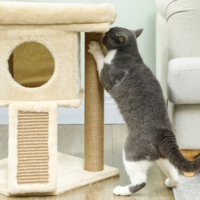 PawHut Drapak z matą do drapania z juty, platformą do leżenia, piłką do zabawy, domkiem dla kota, Beżowy, 40 x 40 x 57 cm