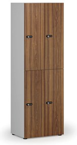 Drewniana szafka skrytkowa S4, 4 schowki, demontaż, zamek mechaniczny z kodem, szary/orzech