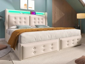 Łóżko z pojemnikiem 180x200cm z tkaniny lnianej - z LED i portami ładowania - Beżowe