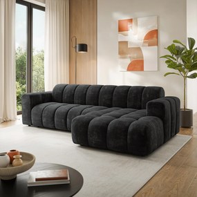 Masseno Narożnik SETIA Prawostronny, L-Kształtny, Nowoczesna Sofa narożna, Tkanina Szenilowa - Czarny, LUMO 80