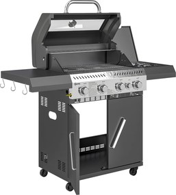 Outsunny Grill gazowy 12 KW na wózku z 5 palnikami bocznym palnikiem kółkami pokrywą termometrem bocznymi półkami 135 x 54 x 110 cm
