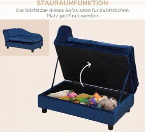 PawHut Sofa dla zwierząt ze schowkiem, miękką poduszką, nośność do 15 kg, pluszowe obicie, rama z twardego drewna, Niebieski | Aosom PL