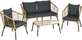 4-częściowy zestaw ogrodowy z rattanu Zestaw wypoczynkowy – 2 fotele, 2-osobowy + szklany stolik kawowy, zdejmowane i zmywalne poduszki, styl boho dla 4 osób