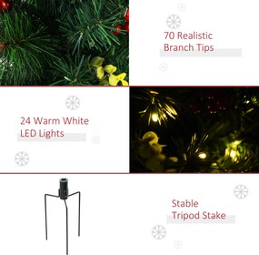 HOMCOM Zestaw 2 Mini Choinek Świątecznych z Oświetleniem LED, Szyszkami i Czerwonymi Jagodami, Zielony PVC, Ø33 x 75 cm | Aosom PL