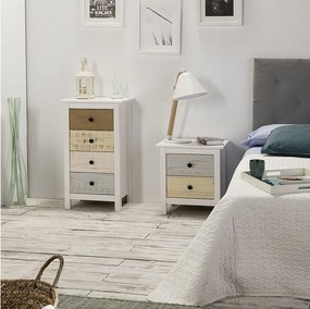 Stolik nocny z 2 szufladami Magda, w białym i wielokolorowym szufladach.