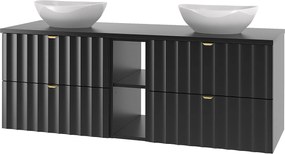 Czarny Zestaw Łazienkowy 140cm Szafka z Blatem Regał Umywalka Ryflowane Fronty Arcos