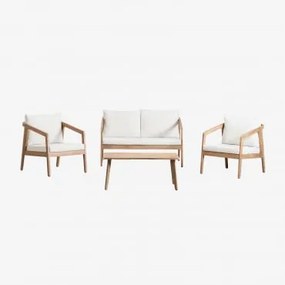 Zestaw Ogrodowy Z Sofą, 2 Fotelami I Stolikiem Kawowym Z Drewna Akacjowego Kaela Jasny Akacjowy Brąz & 2-osobowy & Tkaniny Gardenia Biel - Sklum