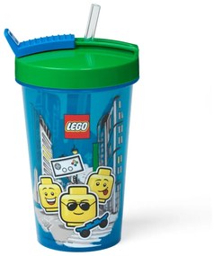 Niebieski kubek podróżny z zielonym wieczkiem i słomką LEGO® Iconic, 500 ml