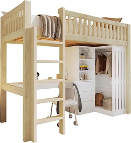 Łóżko na antresoli 90x200cm - z biurkiem + szafą - z 3 szufladami - z drabiną - naturalny​ (materac nie jest wliczony w cenę)
