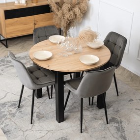 Zestaw Stół Okrągły Rozkładany HARRY 102-142 cm Dąb Artisan/Czarny i 4 Krzesła Tapicerowane CHRIS Szare Nowoczesne