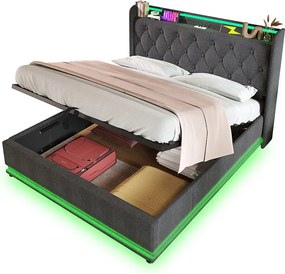 Łóżko z pojemnikiem 140x200 cm - z zagłówkiem ze schowkiem, USB/Typ-C, oświetleniem LED, stelażem - szary len - materac w cenie