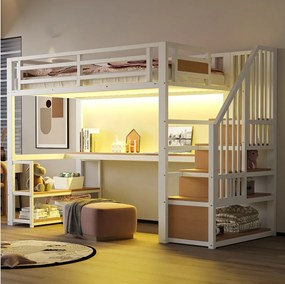 Łóżko piętrowe metalowe dla dzieci - 90 x 200 cm - z diodami LED + gniazdko elektryczne + drabinka + półki + stolik - białe