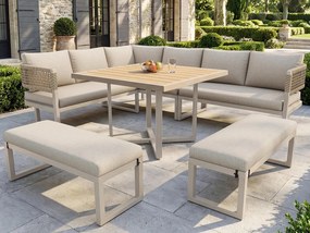 Salon ogrodowy, zestaw mebli na 8-10 osób - kanapa narożna - z żelaza ocynkowanego - stoły jadalniane z tworzywa drewnopodobnego - ławka, Beżowy