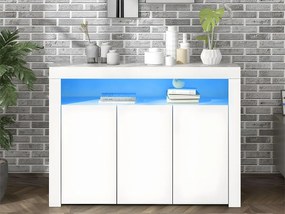 Bufet dolny moserny - Biały mebel pomocniczy z błyszczącym wykończeniem, oświetleniem LED i pilotem - Biały