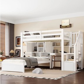 Łóżko piętrowe dla dzieci - 2 x 90 x 200 cm - ze zintegrowanym biurkiem i schodkami + schowki i półki - MDF - białe