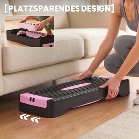 SPORTNOW Deska do stepu regulowana Fitness Aerobic Stepper 2 poziomy (11/16 cm) 2 taśmy oporowe, mata antypoślizgowa Różowy | Aosom PL