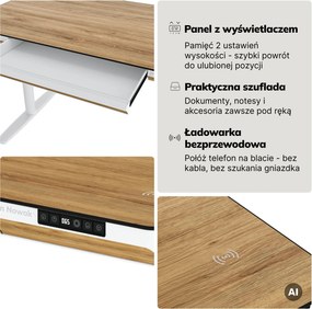 Biurko elektryczne sit-stand z szufladą i ładowarką bezprzewodową Qi białe/złoty dąb, 1400 mm: ELLIS