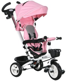 HOMCOM 6-w-1 Dziecięce Trójkołowiec z Rączką do Pchania, Daszek, Pas bezpieczeństwa, Koszyk, 18+ Miesięcy, Różowy